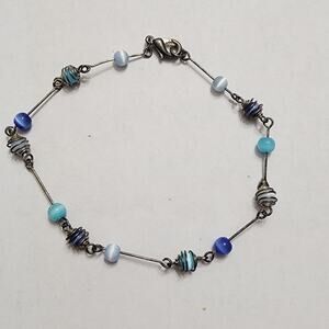 Vintage Bracelet Blue Glass Bead Station Link Chain Silver Tone Lobster Clasp